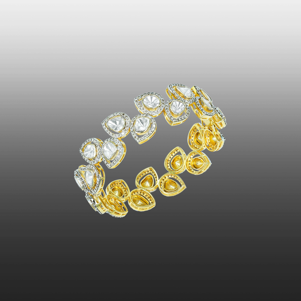 Teardrop Polki Diamond Bangle with Leafy Charm